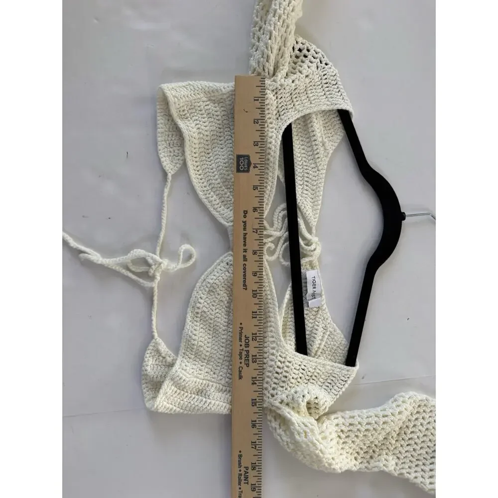 Tiger Mist XS Ivory Crochet Open Back Tie Long Sleeve Crop Top Festival #7407